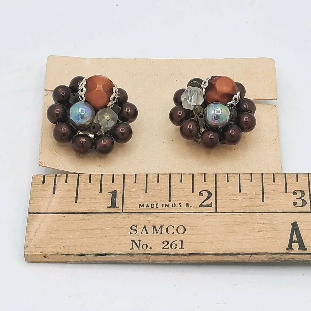 Vintage Goldtone Bronze Aurora Borealis Cluster Bead Clip Earrings Marked Japan